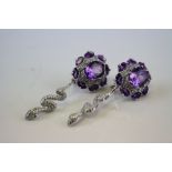 Pair of Unusual Silver Snake Earrings set with Amethysts and CZ's