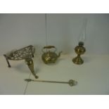 19th century Brass Footman / Trivet together with a Brass Kettle and a Brass Oil Lamp