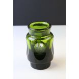 Swedish ' Lindshammar ' Green Glass Vase with dimple sides, signed to base, 13cms high