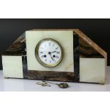Art Deco Marble and Onyx Mantle Clock, 8 Day, with circular white enamel face and Roman numerals,