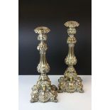 Pair of Silver Plate on Brass Rococo Style Candlesticks, 39cms high