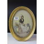 Early 20th century Silkwork Picture in an Oval Giltwood Framed, signed to verso