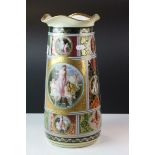 Vienna Style Ceramic Vase decorated with panels of classical figures on a pink, blue and green