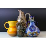Four Jugs / Vases including Amphora Vase, 12cms high, Shelley Orange Ribbed Jug, Stoneware Jug,