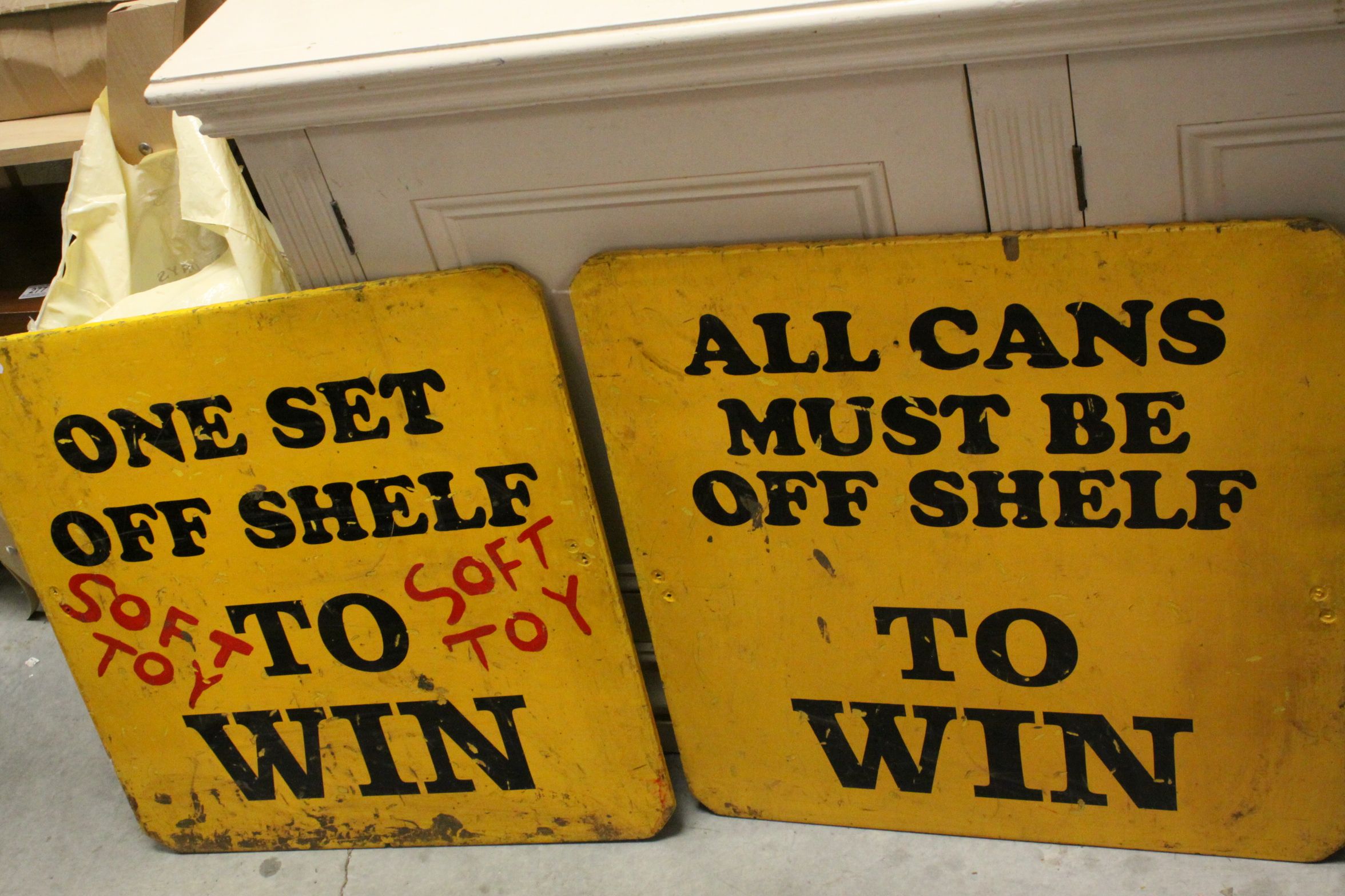 Three Mid 20th century Wooden Painted Fairground Signs including ' Any Prize for a Win', ' One set - Image 4 of 5