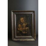 An antique oil on panel of a women and child at the breast 25 x 18 cm split to panel.