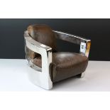 Miniature Retro Style Steel and Brown Leather Open Armchair, 20cms high
