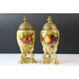 Pair of Royal Worcester Urns with Pierced Lids, hand painted with fruits and signed E Townsend