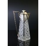 Late Victorian Claret Jug, the glass hobnail cut square body mounted with a Silver Plated Top and