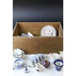 Wooden Crate with a selection of Antique and Later Ceramics including Caughley Pickle Dish (a/f),