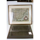 A framed and glazed Antique coloured map of Spain together with a John Speed map of Yorkshire.