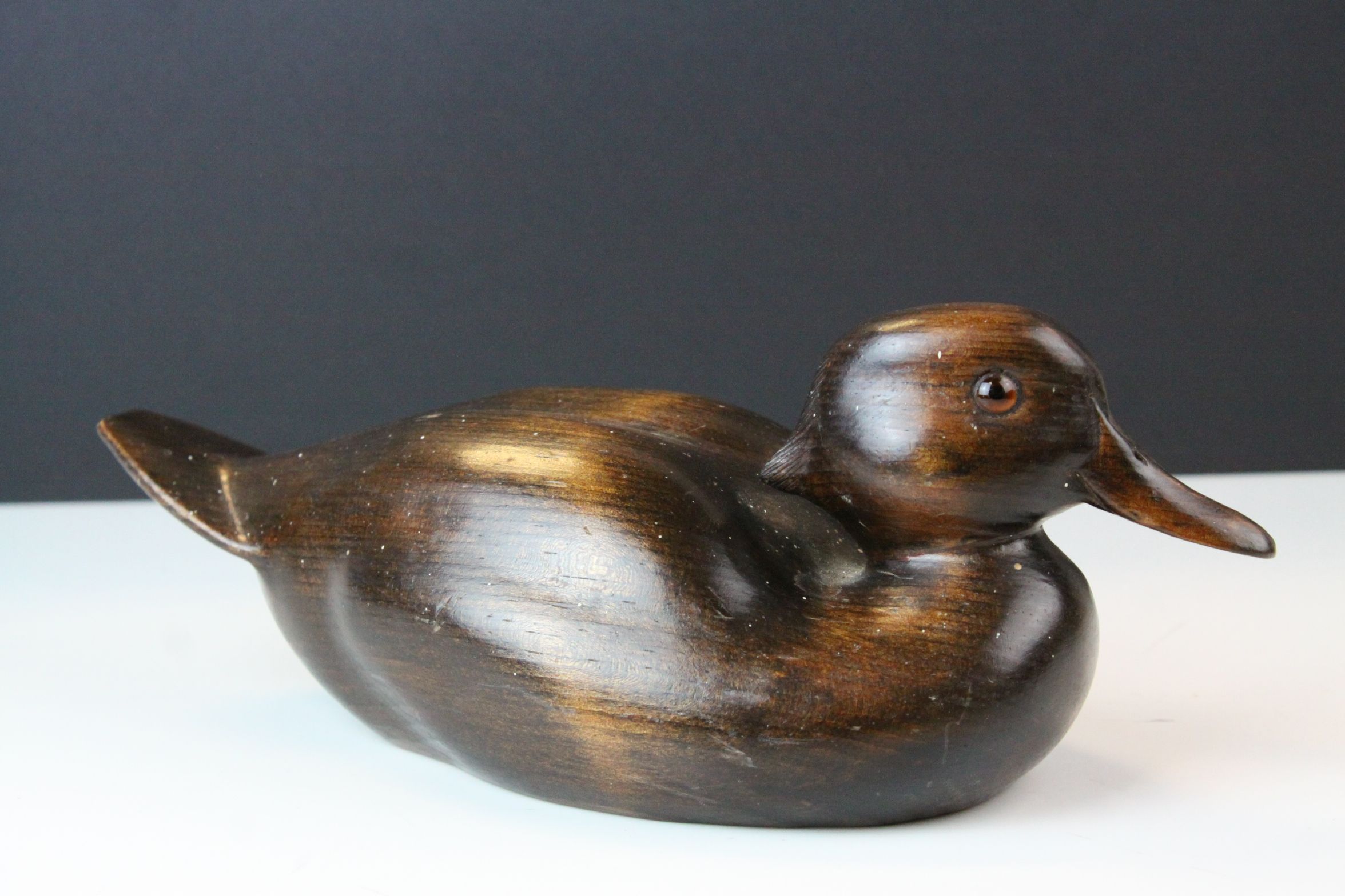 Wooden Hand Carved Duck, signed to base Judith Nicoll, 27cms long
