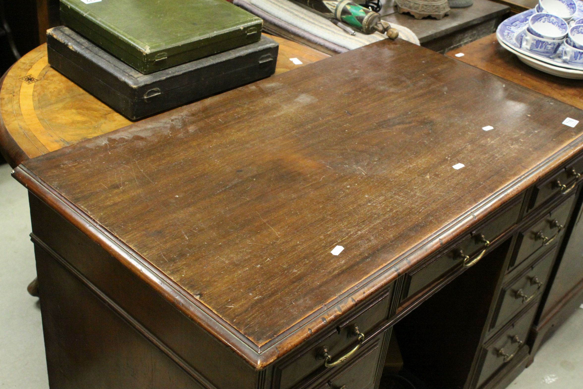 Victorian Mahogany Twin Pedestal Desk, with an arrangement of nine drawers, raised on plinth - Image 4 of 6