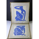 A pair of framed Henri Matisse Lithograph prints on paper cut outs signed and dated 52.