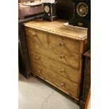 Victorian Pine Chest of Two Short over Three Long Drawers, raised on bun feet, 105cms wide x