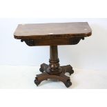 William IV Rosewood fold-over Card Table with purple baise playing surface, raised on a turned