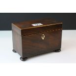 Early 19th century Mahogany and Satinwood Inlaid two compartment Tea Caddy raised on four bun