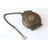 Persian Brass and Copper Snuff Purse, 9cms high on Chain