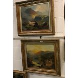 A pair of early 20th century oil on canvas paintings of highland cattle in a Scottish landscape