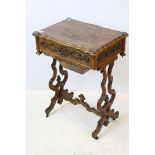 Victorian Burr Walnut Sewing Table, the rectangular shaped hinged rising lid opening to reveal a