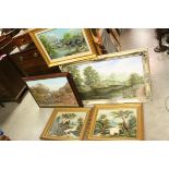 Five framed contemporary oil paintings of river scenes two in gilt frames.