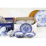 Two boxes containing a large quantity of blue and white china to include Plates,teapot,platters