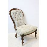 Victorian Spoon Back Salon Chair, with walnut show frame, raised on turned legs with castors,