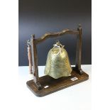 Brass Temple Bell / Gong and Striker held on a Wooden Frame, 33cms high