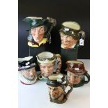 Six Royal Doulton Large Character Jugs including Macbeth, Pied Piper, Johnny Appleseed, Beefeater,