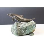 Bronze Dolphin mounted on a Rock Base, with a name plaque to base, 23cms long