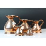 Five Antique Copper Graduating Measuring Jugs with Lead Seals, largest 17cms high