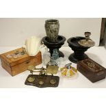 A quantity of sundries to include glass atomisers,scales chamberstick etc.
