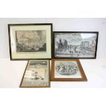 Two framed antique continental engravings and two other prints.