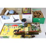 A quantity of vintage toys to include wooden building blocks, marbles, animal figures Tinkers wooden