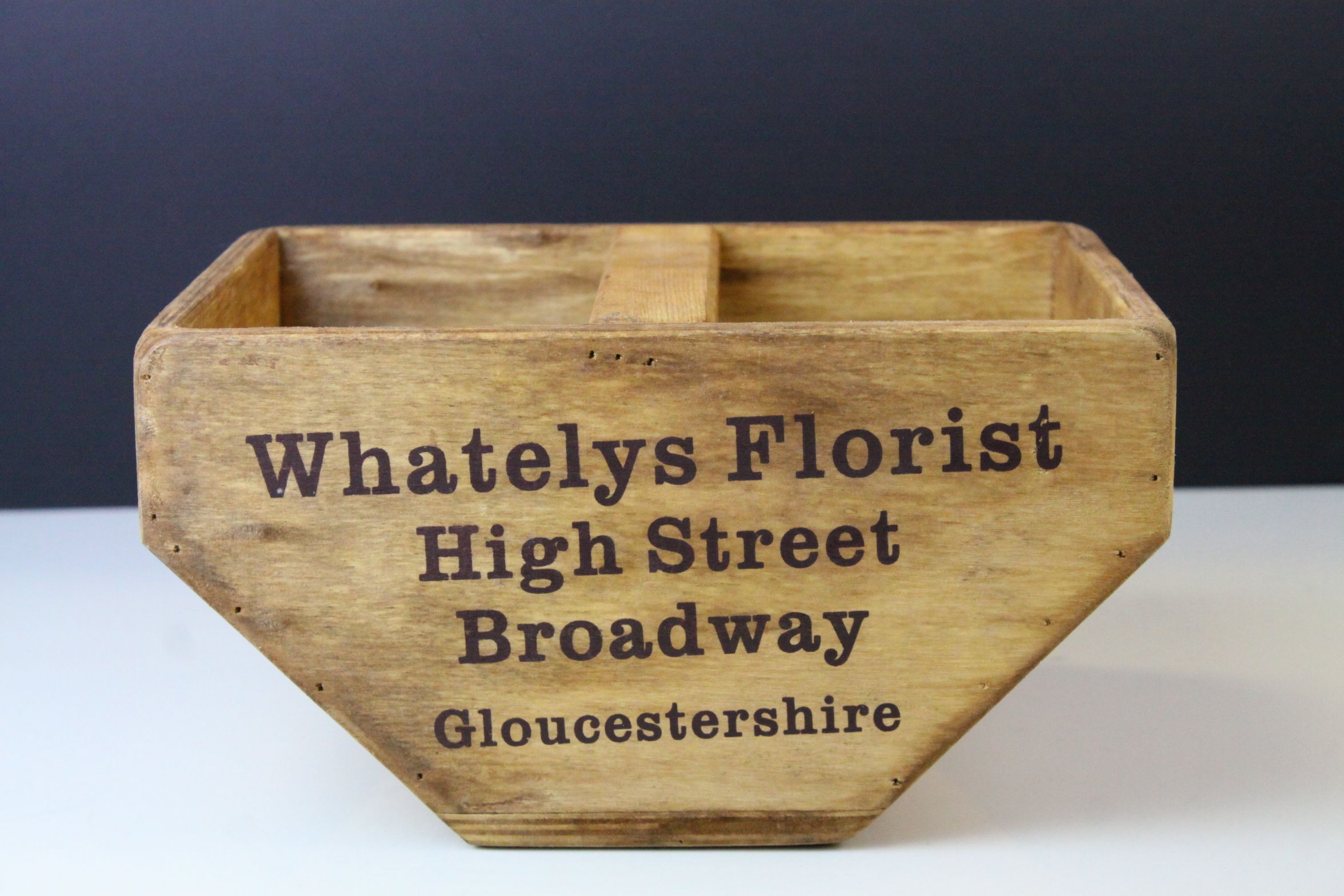 Wooden Trug marked to sides ' Whatelys Florist, Broadway', 25cms long - Image 2 of 3