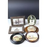 Two framed Prattware lids The Village Wedding and Peace together with two prints and a watercolour