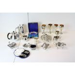 Collection of Silver Plate including Three Piece Cruet Set, Cased Egg Spoon Set, 4 Gilt Lined