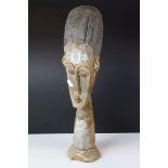 Tribal Wooden Carved Head, partially painted with applied hammered metal plaques, 54cms high
