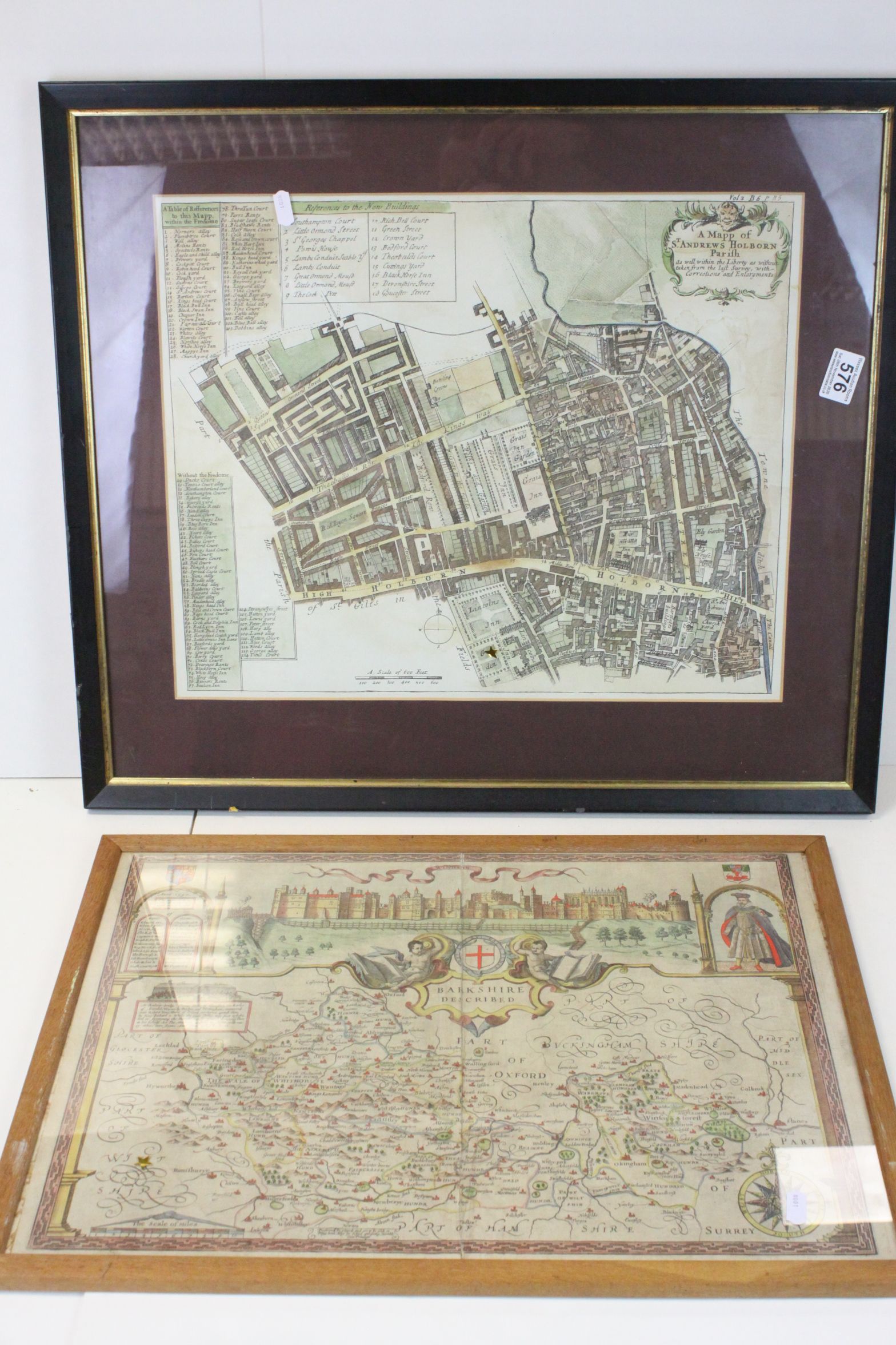 A framed and glazed antique hand coloured map of Berkshire together with a coloured map of St