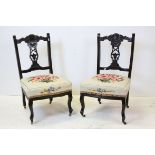 Pair of Victorian Ebonised Bedroom / Nursing Chairs with Tapestry Seats together with another