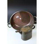 Antique Copper Cooking Pan with Twin Brass Handles, 38cms diameter together with a Brass Watering