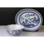 Antique Chinese Export Oval Blue and White Dish together with a Scalloped Edge Bowl, signed to