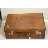 A 1930s/40s large leather suitcase belonging to Captain R H Baillie of Sutton Coalfield insciribed