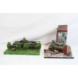 Two military plastic model figures and vehicle scenes, both on bases, some damage but gd overall