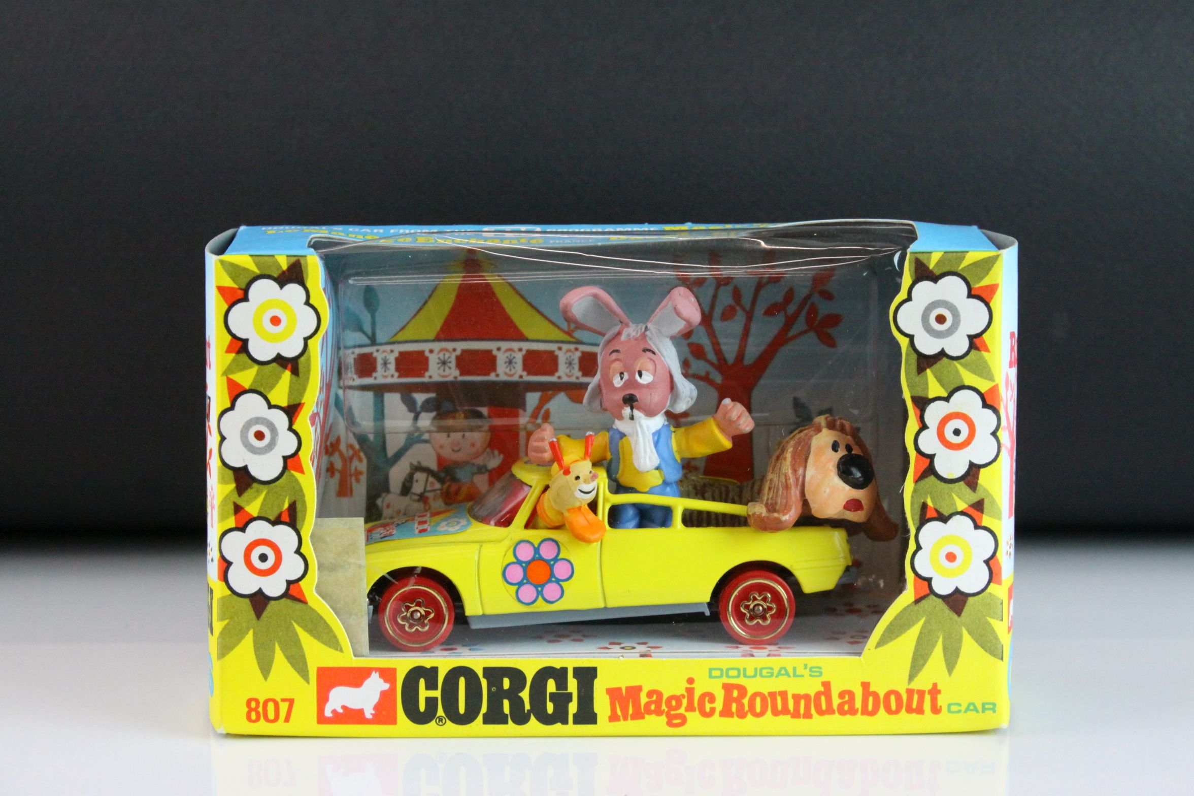 Boxed Corgi 807 Dougal's Magic Roundabout Car in excellent condition with unused sticker sheet,