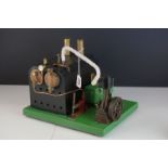 Scratch built stationary steam engine with twin boiler, wooden base 32cm x 25cm