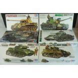 Six boxed Tamiya plastic unbuilt model kits to include M5A1 US. Light Tank, M48A3 Patton, M4A3