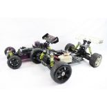 A Hobao Racing 4WD Nitro remote control car chassis together with a Himoto Syclone Nitro 4WD 1/10