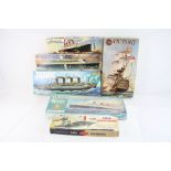 Six boxed plastic model kits to include 4 x Airfix (HMS Victorious, RMS Mauretania, RMS Titanic,