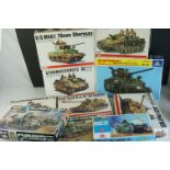 Five boxed Bandai unbuilt plastic model kits to include #14 Sturmgeschütz III, #18 Tank Destroyer